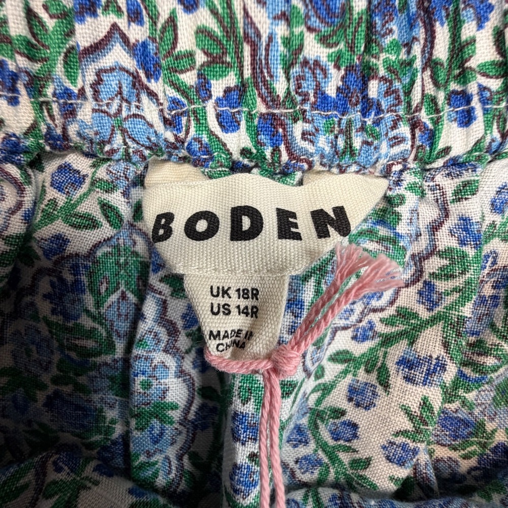 Boden Mini Skirt Womens 14 Blue Green Floral 100% Linen Damask Elastic Waist NEW - Picture 4 of 10